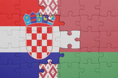 Beyaz Rusya bayrağı ve Hırvat bayrağının rengarenk yapbozu. konsept