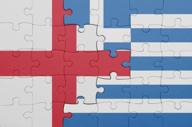 Yunanistan 'ın renkli ulusal bayrağı ve İngiltere bayrağının bulmacası. konsept