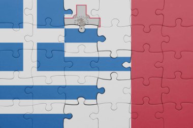 Malta 'nın renkli ulusal bayrağı ve Yunan bayrağının bulmacası. konsept