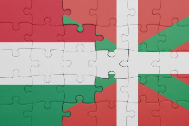 Bask ülkesinin renkli ulusal bayrağı ve Hungary bayrağının bulmacası. konsept