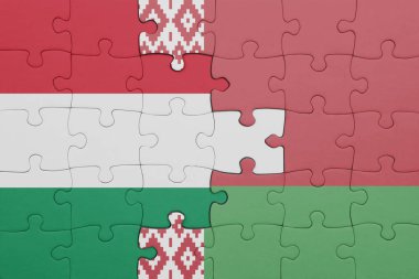 Beyaz Rusya 'nın renkli ulusal bayrağı ve Hungary bayrağı ile bulmaca. konsept
