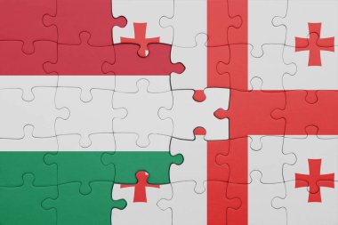 Gürcistan 'ın renkli ulusal bayrağı ve Hungary bayrağı ile bulmaca. konsept