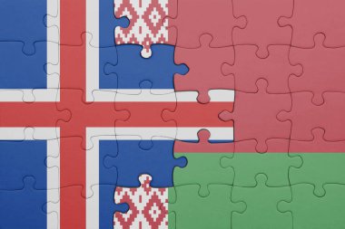 Beyaz Rusya bayrağı ve İzlanda bayrağı ile dolu renkli bir bulmaca. konsept