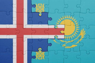 Kazakistan 'ın renkli ulusal bayrağı ve İzlanda bayrağı. konsept