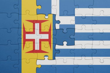 Yunan bayrağı ve madeira bayrağının renkli ulusal bayrağıyla bulmaca. konsept