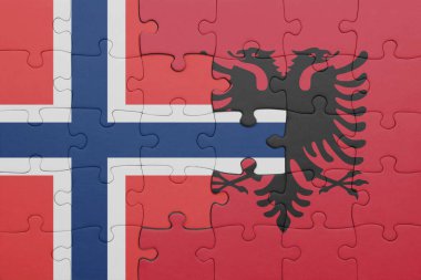 Renkli ulusal Arnavutluk bayrağı ve Norveç bayrağı bulmacası. konsept