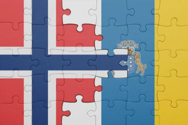 Kanarya adalarının renkli ulusal bayrağı ve Norveç bayrağıyla ilgili bulmacalar. konsept