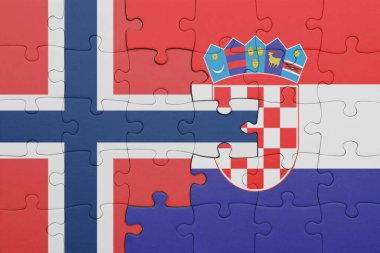 Hırvat bayrağı ve Norveç bayrağının rengarenk renginde yapboz. konsept