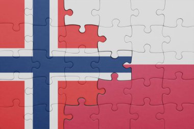 Polonya bayrağı ve Norveç bayrağının rengarenk yapbozu. konsept