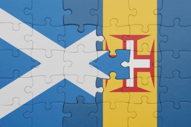 Renkli ulusal Madeira bayrağı ve İskoçya bayrağı ile bulmaca. konsept