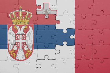 Malta 'nın renkli ulusal bayrağı ve Sırbistan bayrağı ile bulmaca. konsept