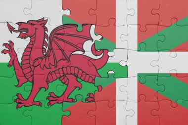 Bask ülkesinin renkli ulusal bayrağı ve Galler bayrağı. konsept