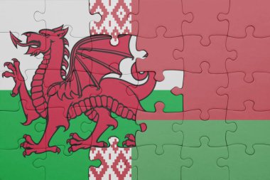 Beyaz Rusya 'nın renkli ulusal bayrağı ve Galler bayrağı ile bulmaca. konsept