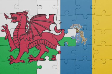 Kanarya adalarının renkli ulusal bayrağı ve Galler bayrağı. konsept