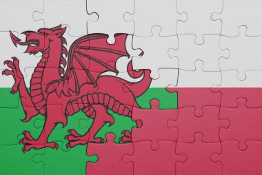 Polonya ve Galler bayrağının renkli ulusal bayrağıyla bulmaca. konsept