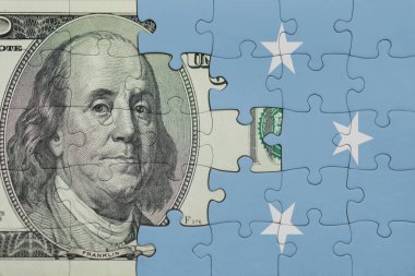 Mikronezya Birleşik Devletleri 'nin renkli ulusal bayrağı ve ABD doları para kavramının bulmacası.