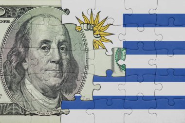 Uruguay 'ın renkli ulusal bayrağı ve Amerikan doları para kavramının bulmacası.