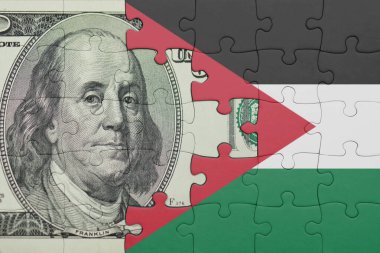 Ürdün 'ün renkli ulusal bayrağı ve ABD doları para .finans konseptiyle bulmaca