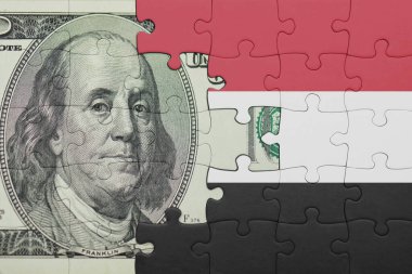 Yemen 'in renkli ulusal bayrağı ve Amerikan doları para .finans kavramının bulmacası