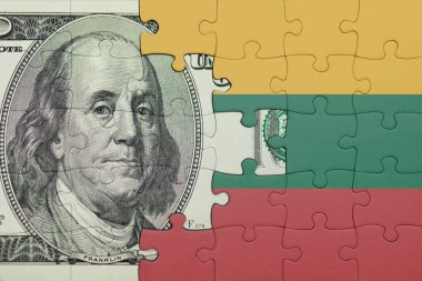 Litvanya 'nın renkli ulusal bayrağı ve ABD doları para kavramının bulmacası.