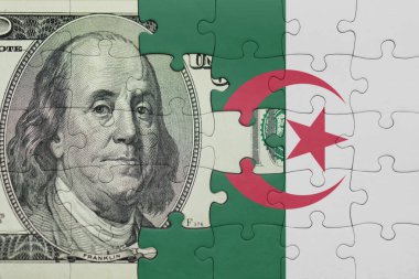 Cezayir 'in renkli ulusal bayrağı ve Amerikan doları para kavramının bulmacası.