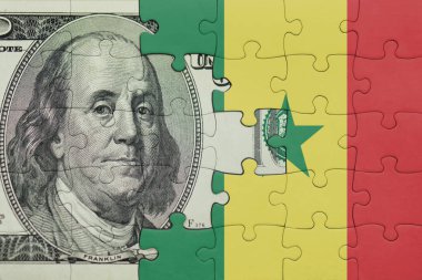 Senegal 'in renkli ulusal bayrağı ve Amerikan doları para kavramının bulmacası.