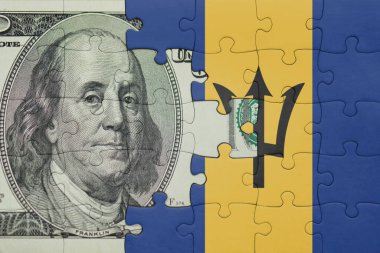 Barbados 'un renkli ulusal bayrağı ve ABD doları para .finans konseptiyle bulmaca