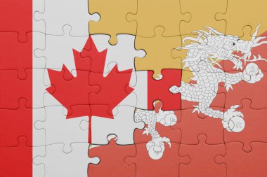 Bhutan 'ın renkli ulusal bayrağı ve Kanada bayrağı ile bulmaca. konsept