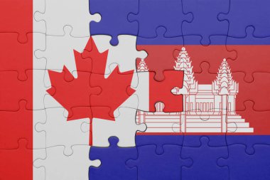 Kamboçya 'nın renkli ulusal bayrağı ve Kanada bayrağının bulmacası. konsept