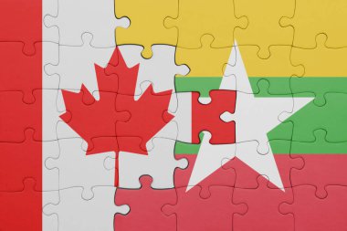 Myanmar 'ın renkli ulusal bayrağı ve Kanada bayrağı. konsept