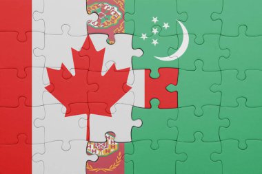 Türkmenistan 'ın renkli ulusal bayrağı ve Kanada bayrağının bulmacası. konsept
