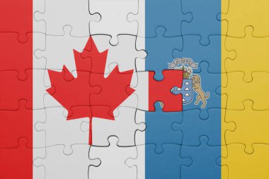 Kanarya adalarının renkli ulusal bayrağı ve Kanada bayrağıyla bulmaca. konsept