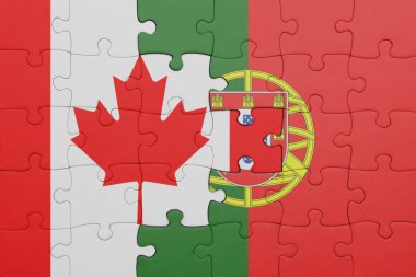 Portekiz 'in renkli ulusal bayrağı ve Kanada bayrağının bulmacası. konsept