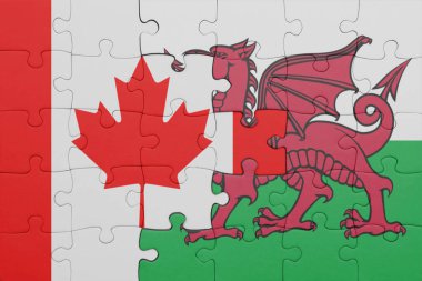 Galler 'in renkli ulusal bayrağı ve Kanada bayrağı ile bulmaca. konsept