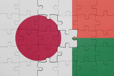 Macadagaskar 'ın renkli ulusal bayrağı ve Japon bayrağı ile bulmaca. konsept