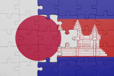Kamboçya 'nın renkli ulusal bayrağı ve Japon bayrağı ile bulmaca. konsept