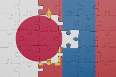 Moğolistan 'ın renkli ulusal bayrağı ve Japon bayrağıyla ilgili bulmacalar. konsept