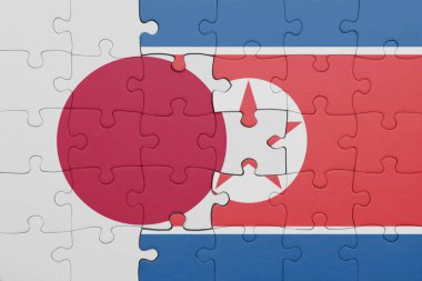 Kuzey Kore 'nin renkli ulusal bayrağı ve Japon bayrağıyla ilgili bulmacalar. konsept