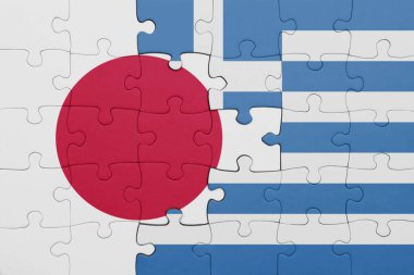 Yunan bayrağı ve Japon bayrağının renkli ulusal bayrağıyla bulmaca. konsept