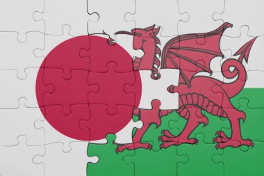 Galler 'in renkli ulusal bayrağı ve Japon bayrağı ile bulmaca. konsept