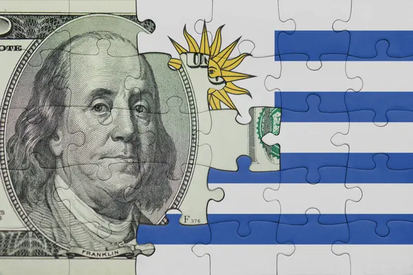 Uruguay 'ın renkli ulusal bayrağı ve Amerikan doları para kavramının bulmacası.