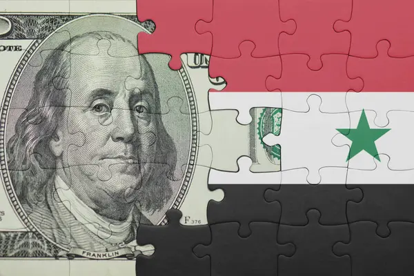 Suriye 'nin renkli ulusal bayrağı ve ABD doları para .finans kavramı ile bulmaca