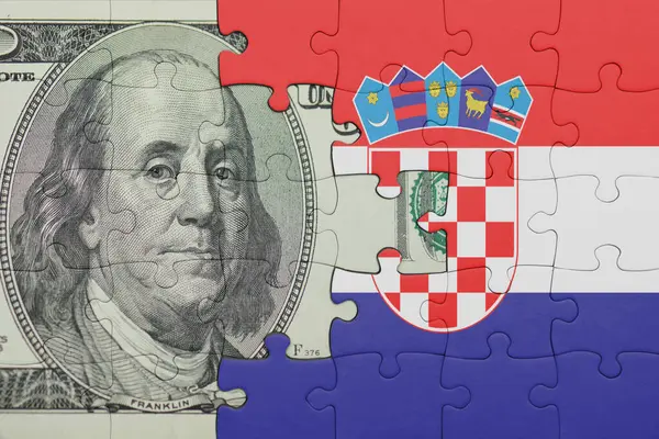 Hırvat ulusal bayrağı ve Amerikan doları para kavramının renkli bulmacası.