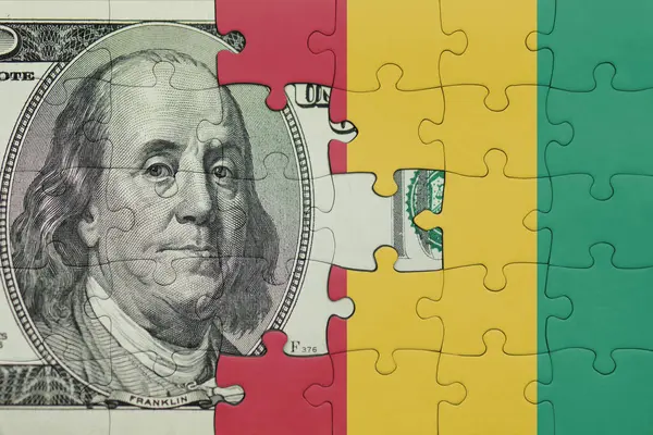 Gine 'nin renkli ulusal bayrağı ve Amerikan doları para kavramının bulmacası.