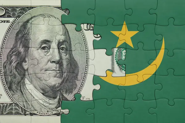 Mauritania 'nın renkli ulusal bayrağı ve ABD doları para .finans kavramının bulmacası