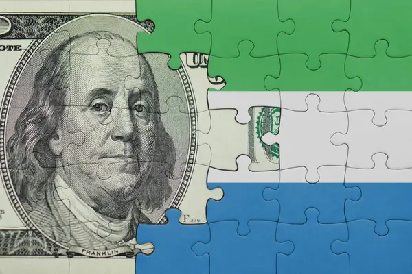 Sierra Leone 'nin renkli ulusal bayrağı ve Amerikan doları para kavramının bulmacası.