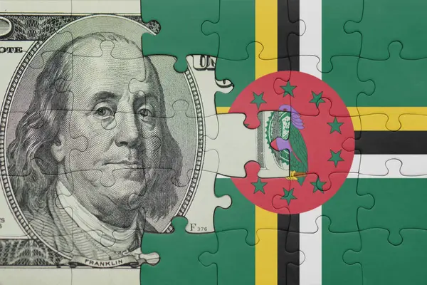 Dominica 'nın renkli ulusal bayrağı ve Amerikan doları para .finans kavramının bulmacası