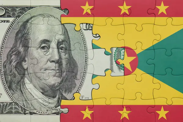 Grenada 'nın renkli ulusal bayrağı ve ABD doları para .finans konseptiyle bulmaca