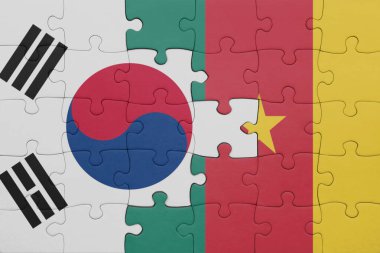 Kamerun ve Güney Kore bayrağının renkli ulusal bayrağıyla bulmaca. konsept