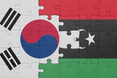 Libya 'nın renkli ulusal bayrağı ve Güney Kore bayrağının bulmacası. konsept